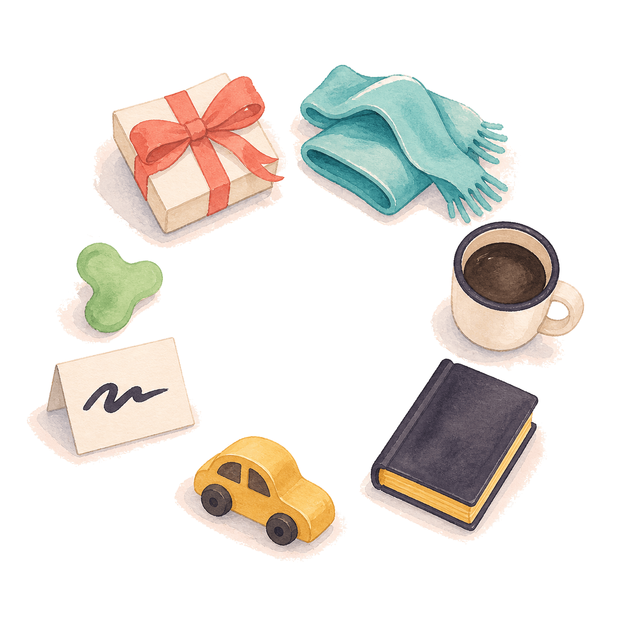 A loose ring of personal objects painted in watercolor: a coral-bowed gift box, a teal scarf, a yellow toy car, a hardcover book, a coffee mug, a small green wishbone shape, and a folded note card with a handwritten squiggle. Each object stands in for one person in the circle.
